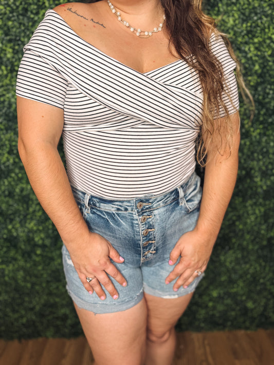 High-Rise Distressed Button-Fly Denim Shorts