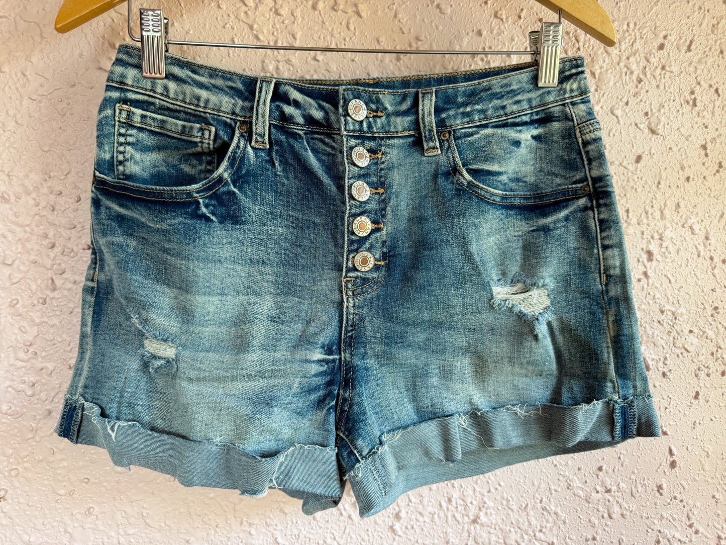 High-Rise Distressed Button-Fly Denim Shorts