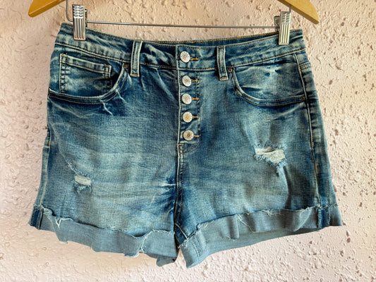 High-Rise Distressed Button-Fly Denim Shorts