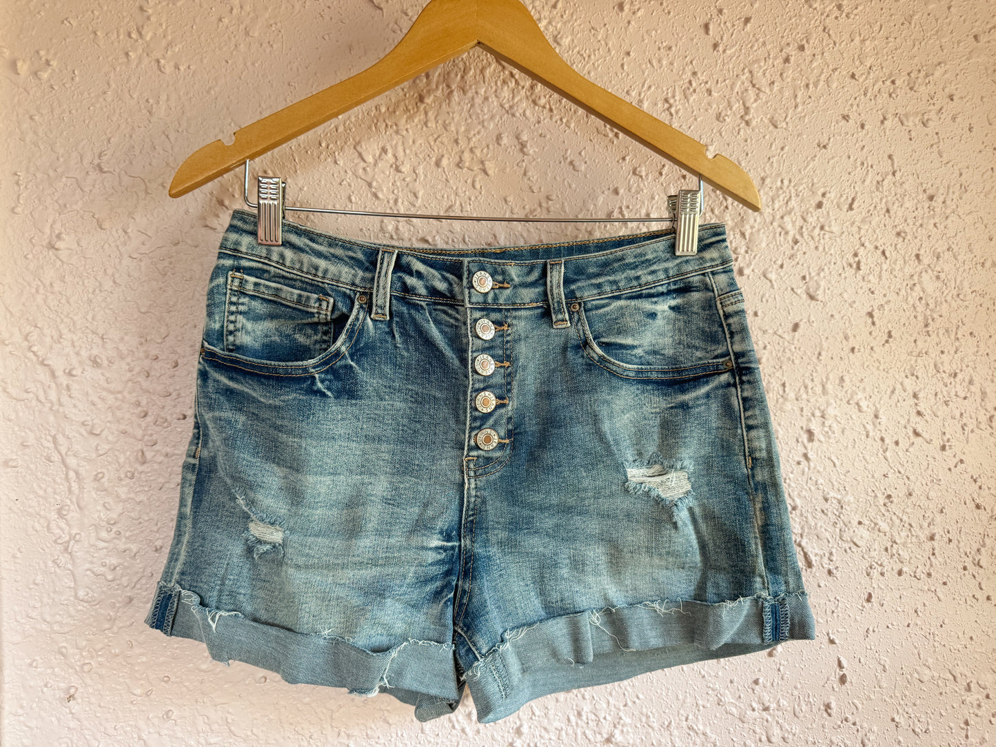 High-Rise Distressed Button-Fly Denim Shorts